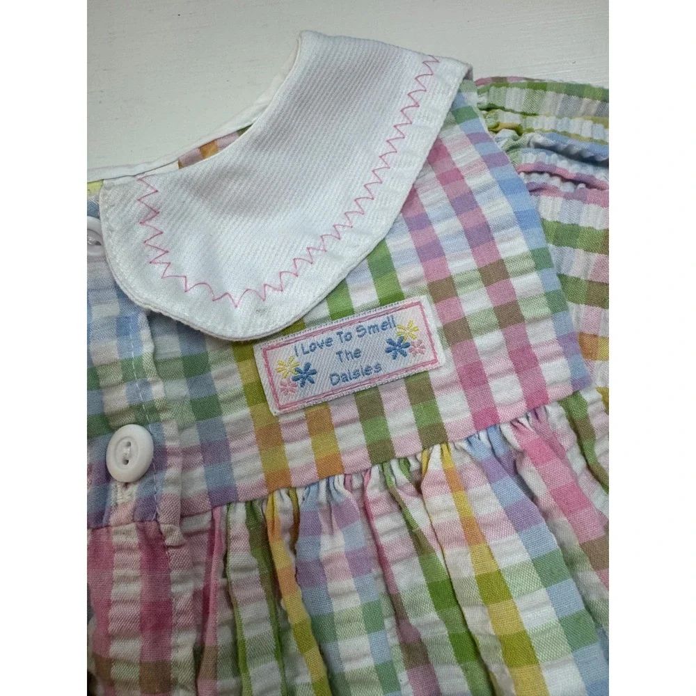 In Design Kids Vintage Pastel Rainbow Gingham Seersucker Dress 2T Sailor Collar